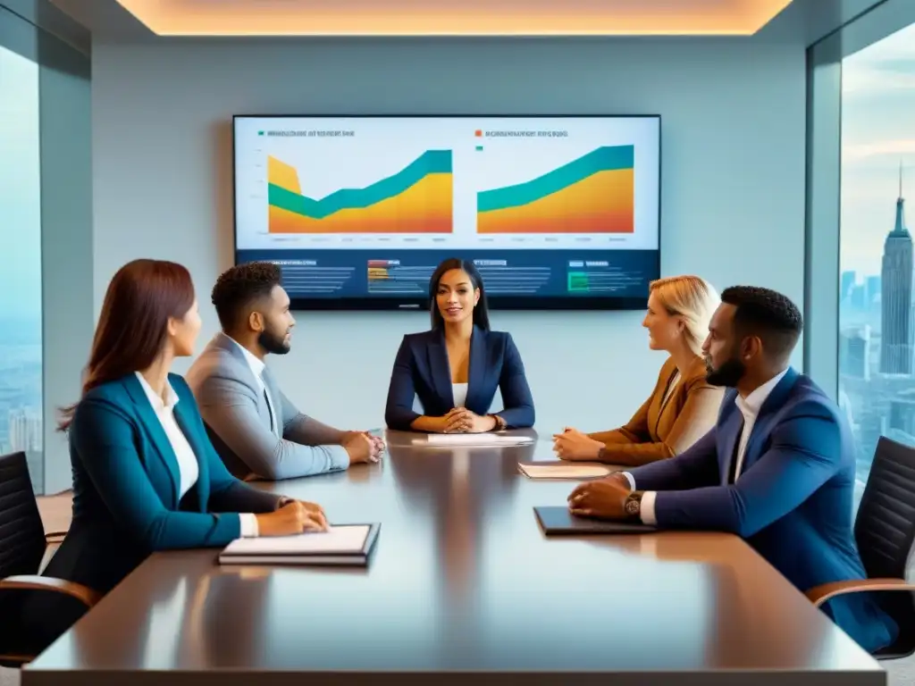 Equipo diverso en reunión de inversión en mercados emergentes Un grupo diverso de profesionales discute estrategias de inversión en mercados emergentes en una moderna oficina corporativa
