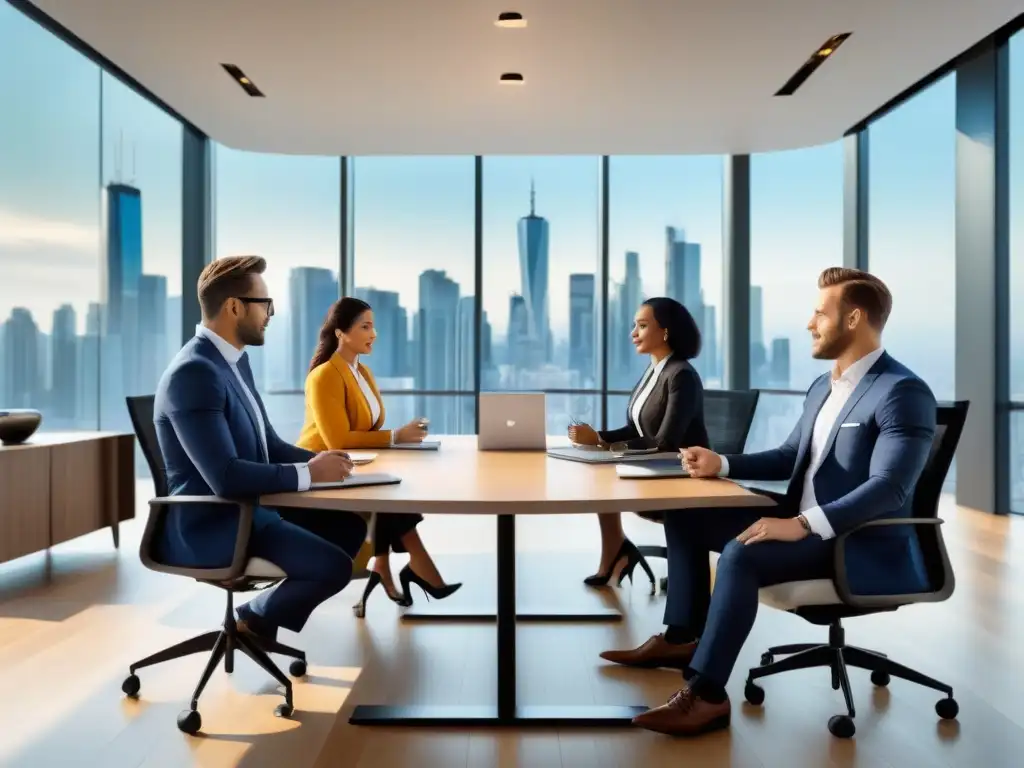 Reunión de profesionales en boardroom moderno con vista panorámica Un grupo diverso de profesionales analizando estrategias de inversión, con una vista panorámica de la ciudad