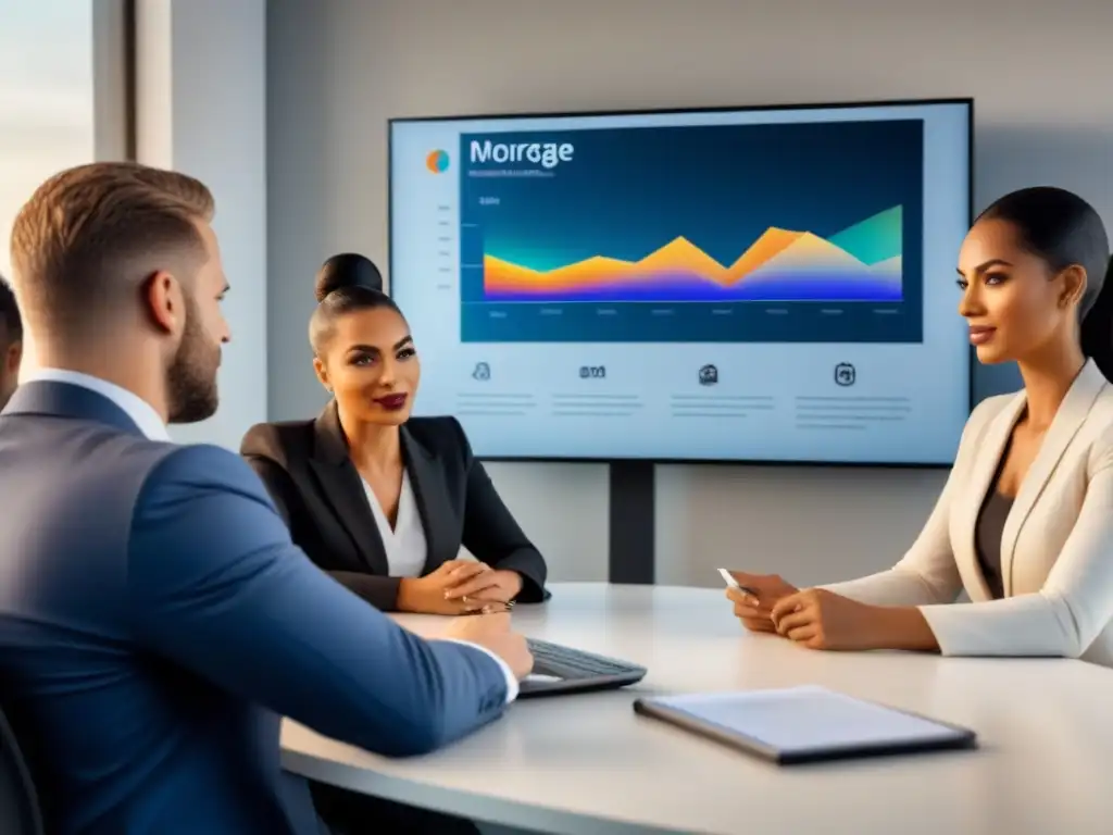 Estrategias de aprobación de hipotecas: Profesionales colaborativos y expertos en una oficina moderna Un grupo diverso de profesionales discute estrategias para obtener hipoteca privada en una oficina elegante