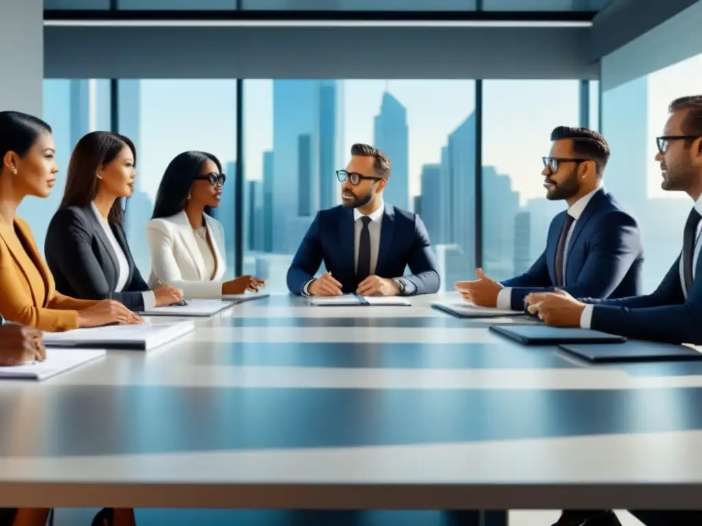 Profesionales diversificados planifican estrategias de inversión inmobiliaria en un entorno contemporáneo Un grupo diverso de profesionales discute estrategias de inversión inmobiliaria en una oficina contemporánea