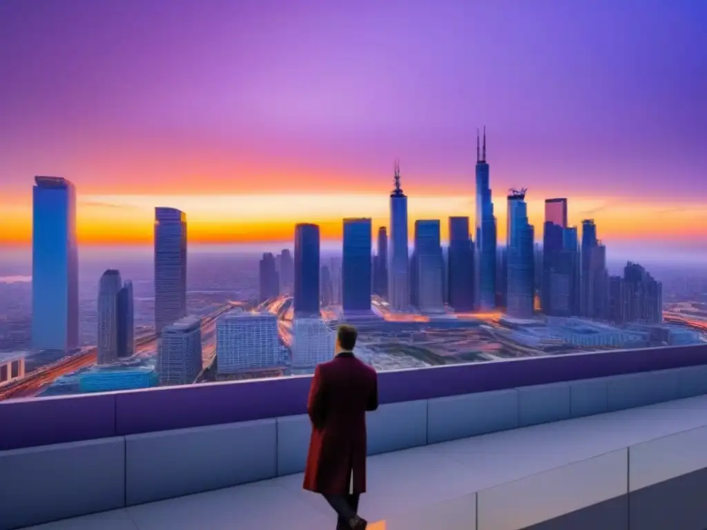 Horizonte urbano vibrante: estrategias de inversión y leyes de alquiler Grupo diverso de profesionales debatiendo estrategias de inversión ante la ley de alquileres, bajo un vibrante atardecer urbano