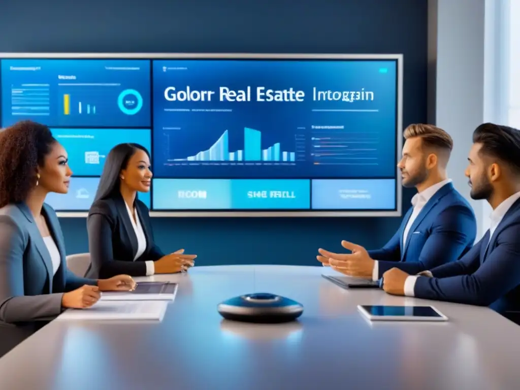 Reunión Estratégica: Profesionales Diversos en Futurista Sala de Juntas Un grupo diverso de profesionales discute estrategias de inversión en crowdfunding inmobiliario en una sala futurista y sofisticada