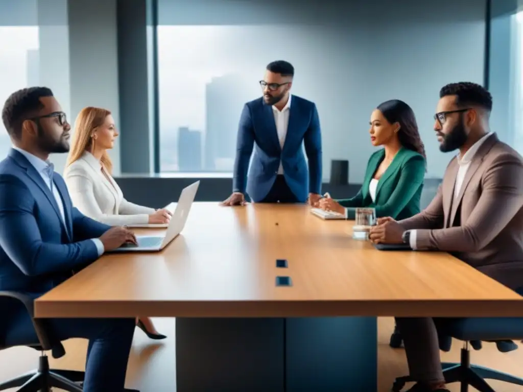Equipo de profesionales exitosos planificando estrategias financieras Un grupo diverso de profesionales colaborando y discutiendo estrategias financieras con éxito en una oficina contemporánea