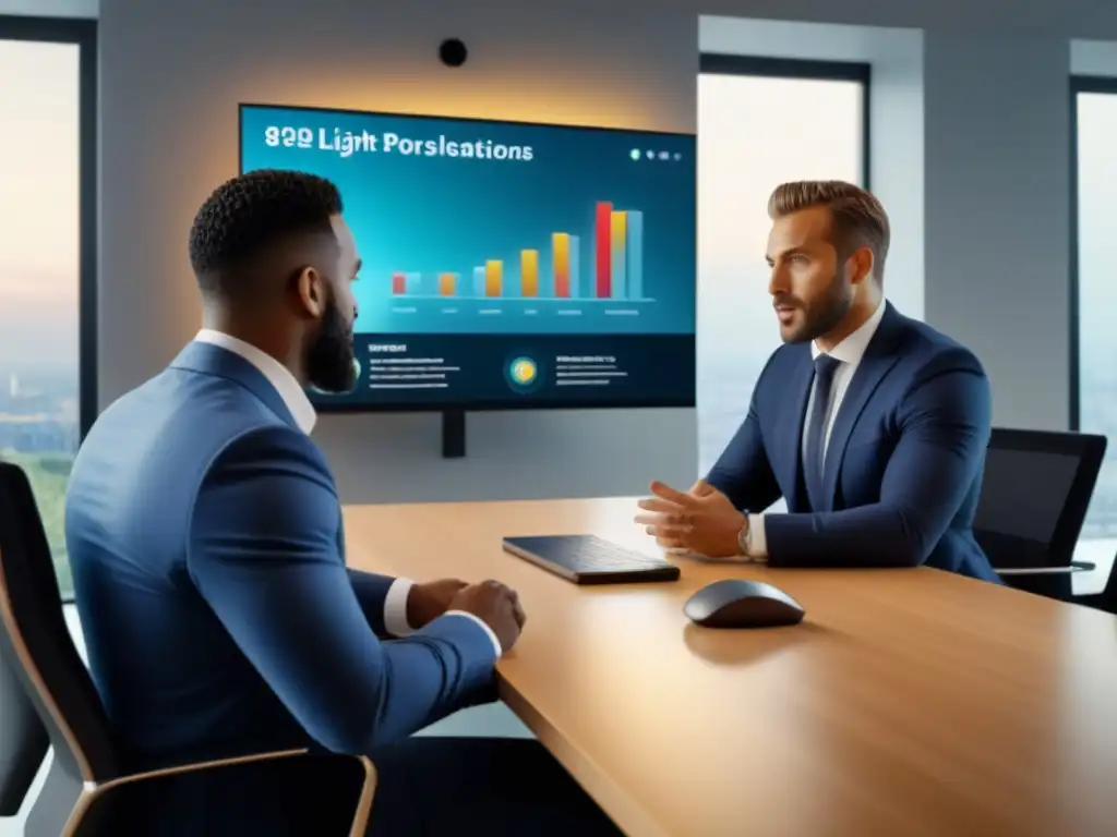 Conversación vibrante sobre estrategias inmobiliarias en oficina moderna Un grupo diverso de profesionales discute estrategias de financiamiento inmobiliario en una oficina moderna y dinámica