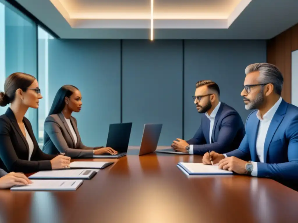 Profesionales enfocados en sala de juntas moderna discuten sobre sindicación inmobiliaria Un grupo diverso de profesionales se enfoca en una estratégica discusión sobre sindicación inmobiliaria en una moderna sala de juntas