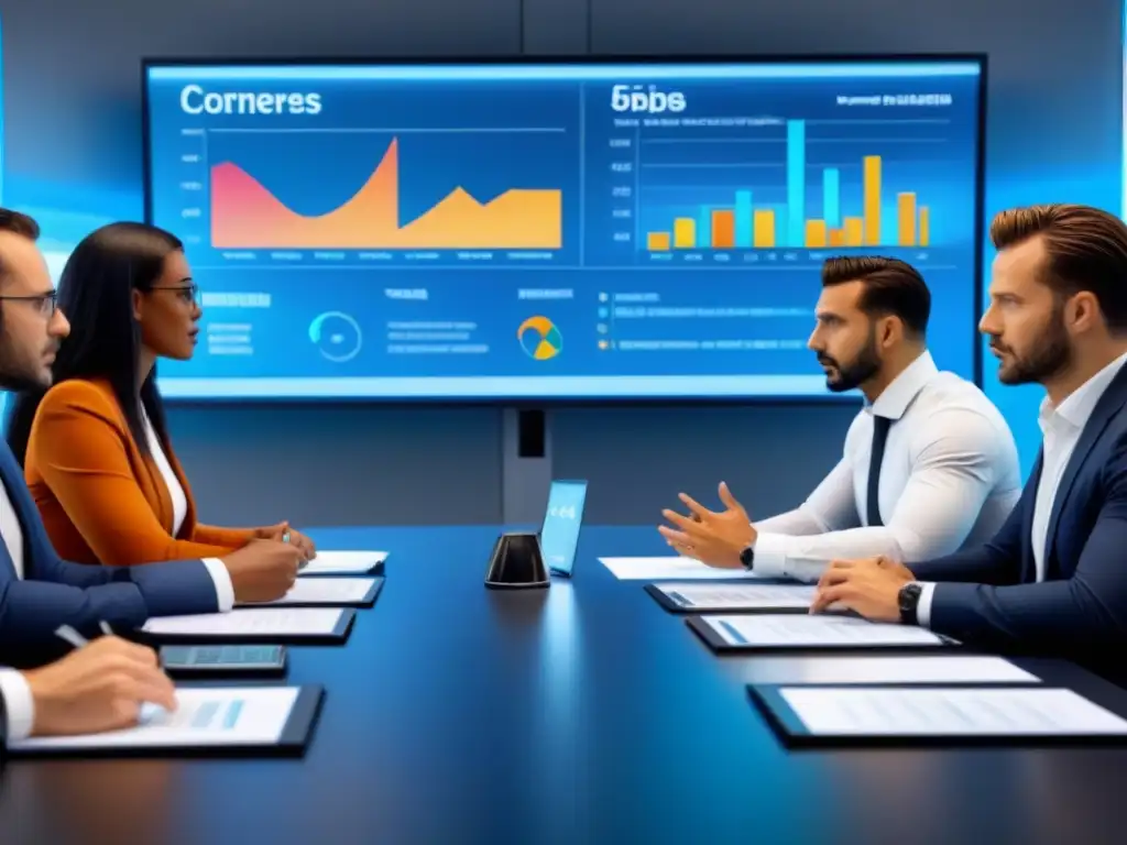 Profesionales europeos debatiendo opciones financieras en oficina moderna Un grupo diverso de profesionales europeos discute Financiamiento exitoso para propiedades europeas en una moderna oficina