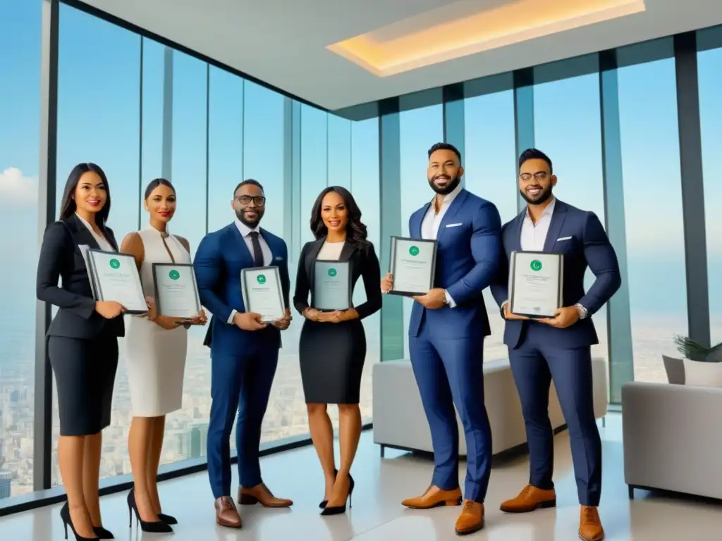 Equipo exitoso en oficina inmobiliaria futurista Un grupo diverso de profesionales exitosos en trajes de negocios frente a una oficina inmobiliaria futurista