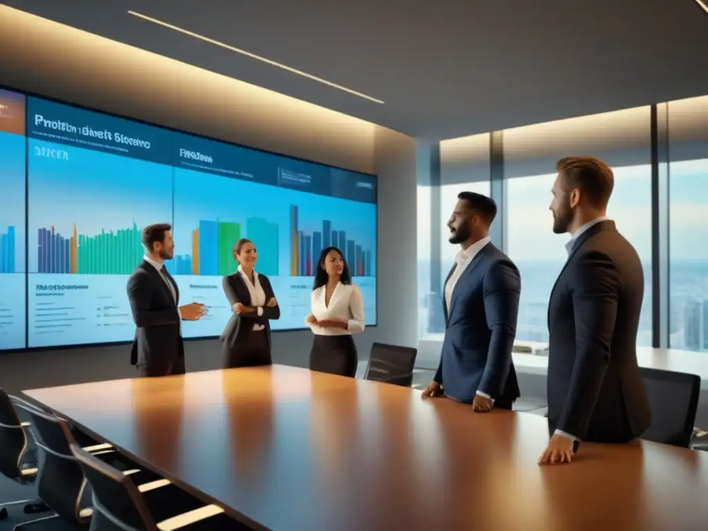 Reunión de profesionales en oficina de alto standing Un grupo diverso de profesionales negocia un financiamiento inmobiliario en una moderna oficina corporativa