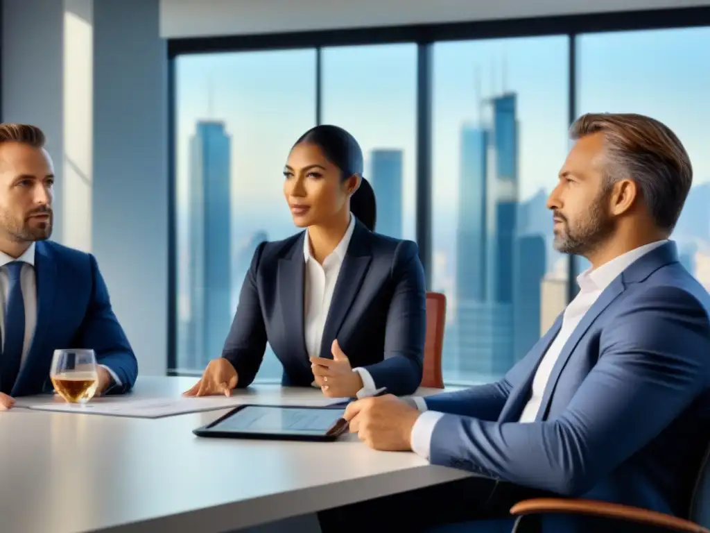 Profesionales discuten inversiones inmobiliarias en moderna oficina Un grupo diverso de profesionales discute sobre REITs en financiamiento inmobiliario en una oficina moderna con vista a la ciudad