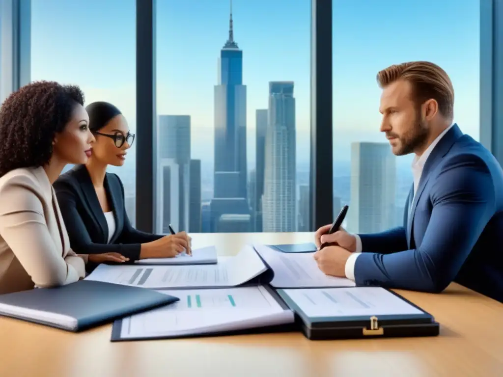 Profesionales expertos detectando fraudes financieros inmobiliarios Un grupo diverso de profesionales discuten sobre financiamiento inmobiliario protegiéndose de fraudes en una oficina moderna con vista a la ciudad