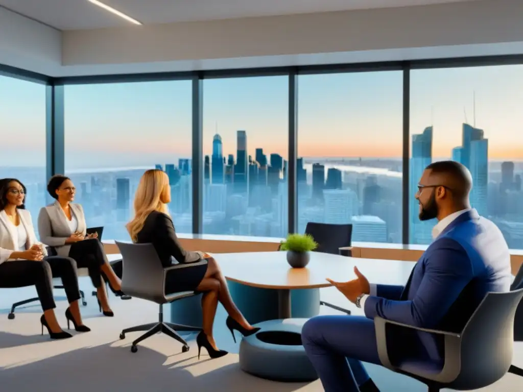 Conversación profesional: diversidad en financiamiento inmobiliario Un grupo diverso de profesionales discute financiamiento inmobiliario en un aula moderna con tecnología avanzada y vista a la ciudad