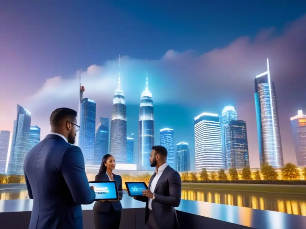 Innovación y colaboración en la ciudad del futuro: Fintech en bienes raíces Un grupo diverso de profesionales intercambia información financiera y de seguridad en una ciudad futurista al atardecer