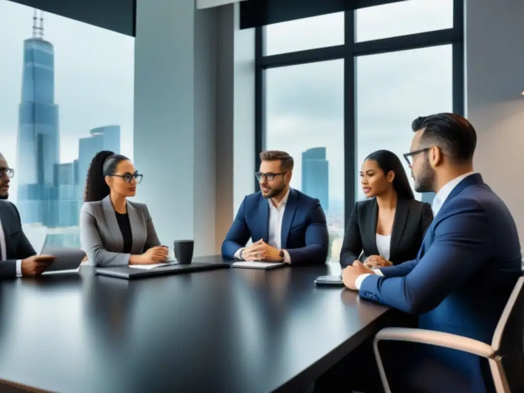Profesionales diversificados planificando emergencias financieras Un grupo diverso de profesionales colabora en la planificación financiera para emergencias en una moderna sala de reuniones