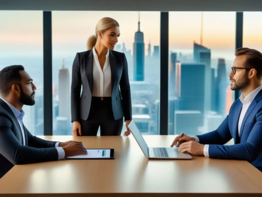 Conferencia financiera de expertos globales en sala ultramoderna Un grupo diverso de profesionales financieros en una reunión colaborativa y futurista sobre fiscalidad inversiones extranjeras errores