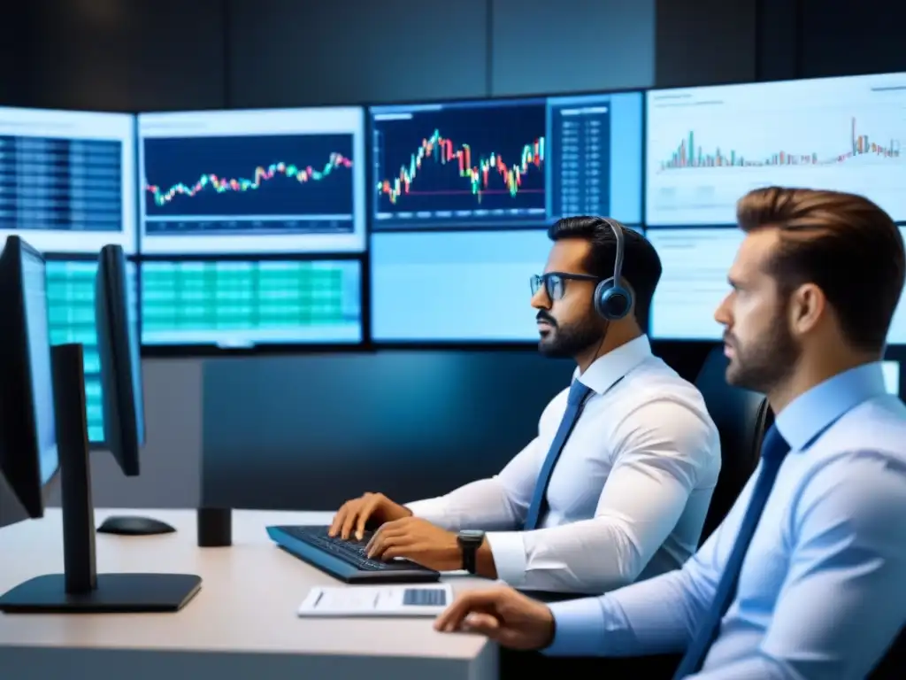 Expertos financieros analizan datos bursátiles en oficina moderna Un grupo diverso de profesionales financieros analizando datos del mercado de valores en pantallas de computadora en una oficina moderna y elegante