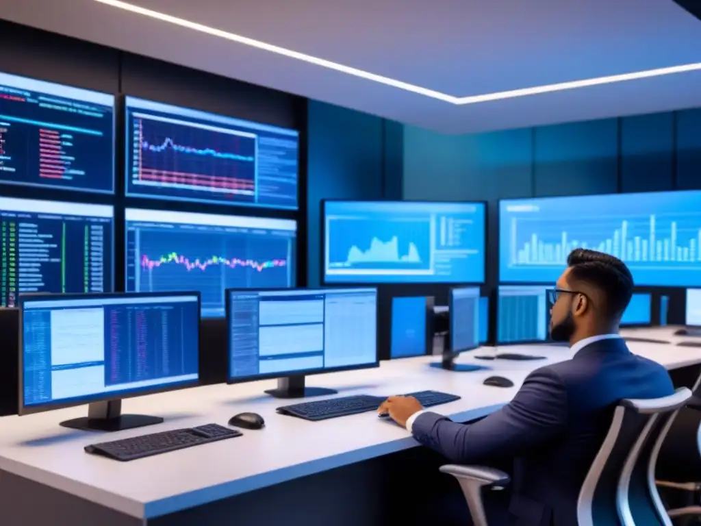 Expertos financieros analizan tendencias de mercado en oficina futurista Un grupo diverso de profesionales estudia fluctuaciones del mercado de préstamos hipotecarios en una oficina futurista con tecnología de vanguardia