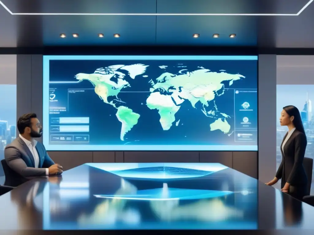 Profesionales globales innovando en bienes raíces Grupo diverso de profesionales frente a pantalla holográfica global de mercado inmobiliario
