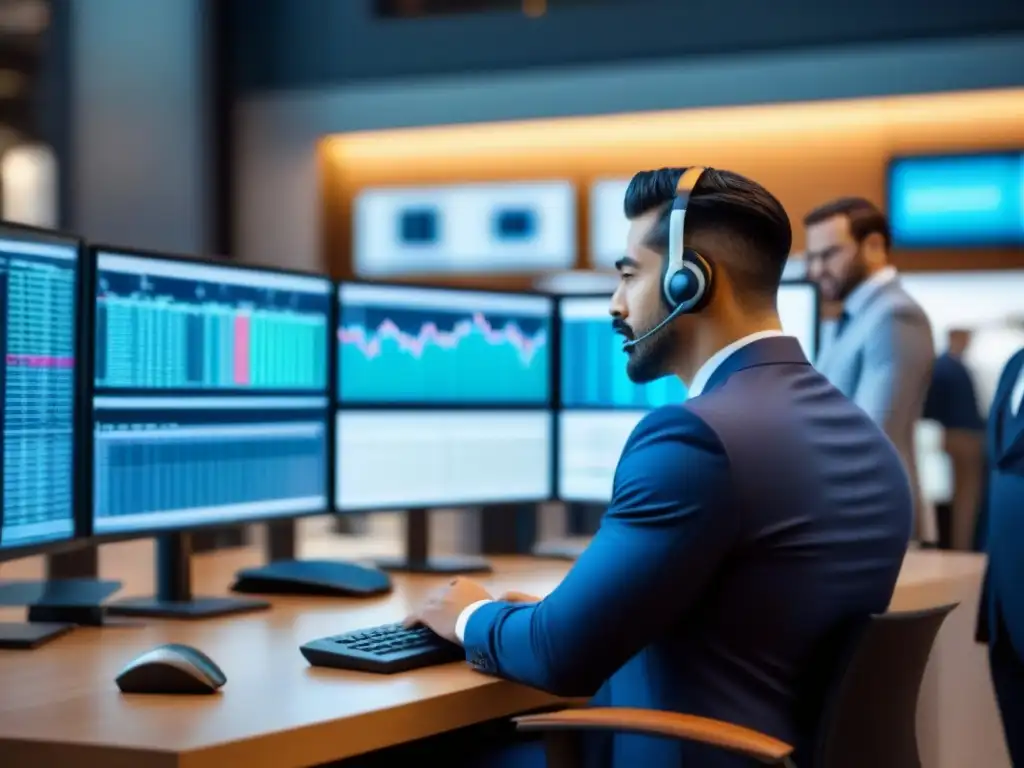 Profesionales analizando gráficos en mercado de valores Un grupo diverso de profesionales analiza gráficos en la bolsa, rodeados de tecnología moderna, en un mercado bullicioso