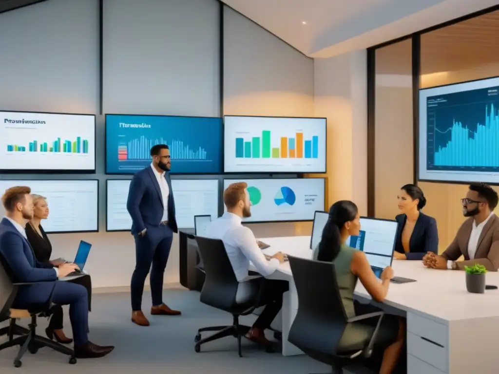Equipo diverso analiza indicadores económicos en moderna oficina Un grupo diverso de profesionales analiza indicadores económicos para invertir inmobiliario en una oficina moderna y colaborativa
