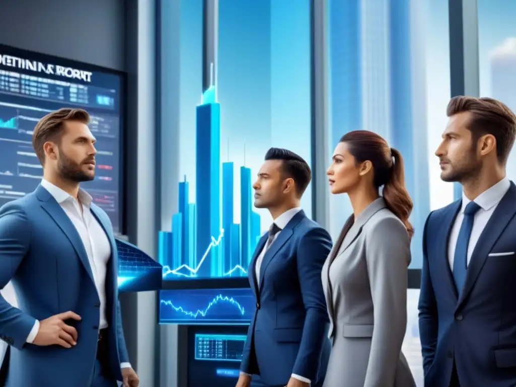Profesionales analizando informe crediticio en ciudad futurista Un grupo diverso de profesionales examina detalladamente un informe crediticio en una ciudad futurista, con gráficos financieros