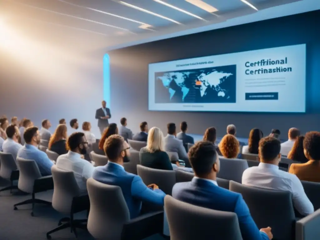 Profesionales inmobiliarios en certificación internacional Grupo diverso de profesionales inmobiliarios participando en sesión de certificación internacional en aula moderna