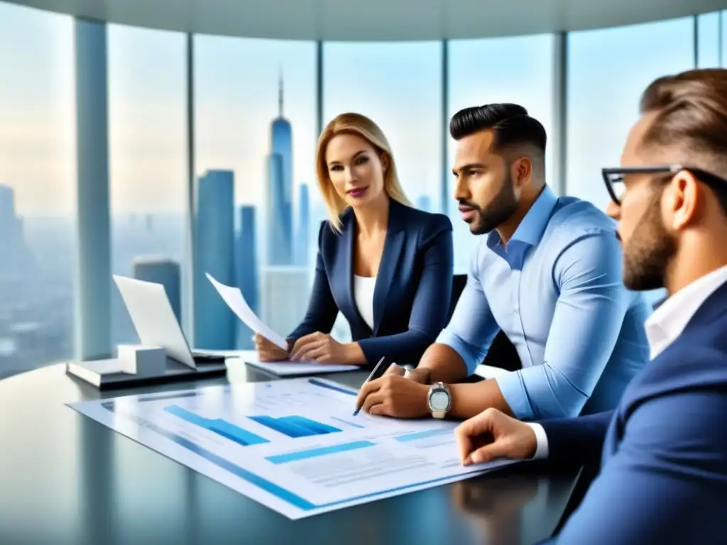 Profesionales inmobiliarios en reunión estratégica Un grupo diverso de profesionales inmobiliarios discuten certificaciones y acuerdos financieros en una oficina luminosa con vista a la ciudad