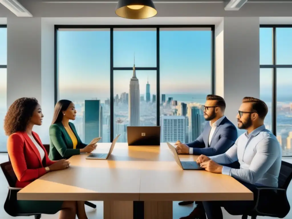 Profesionales inmobiliarios colaborando en espacio de coworking moderno Grupo diverso de profesionales inmobiliarios en una animada discusión en un espacio de coworking moderno