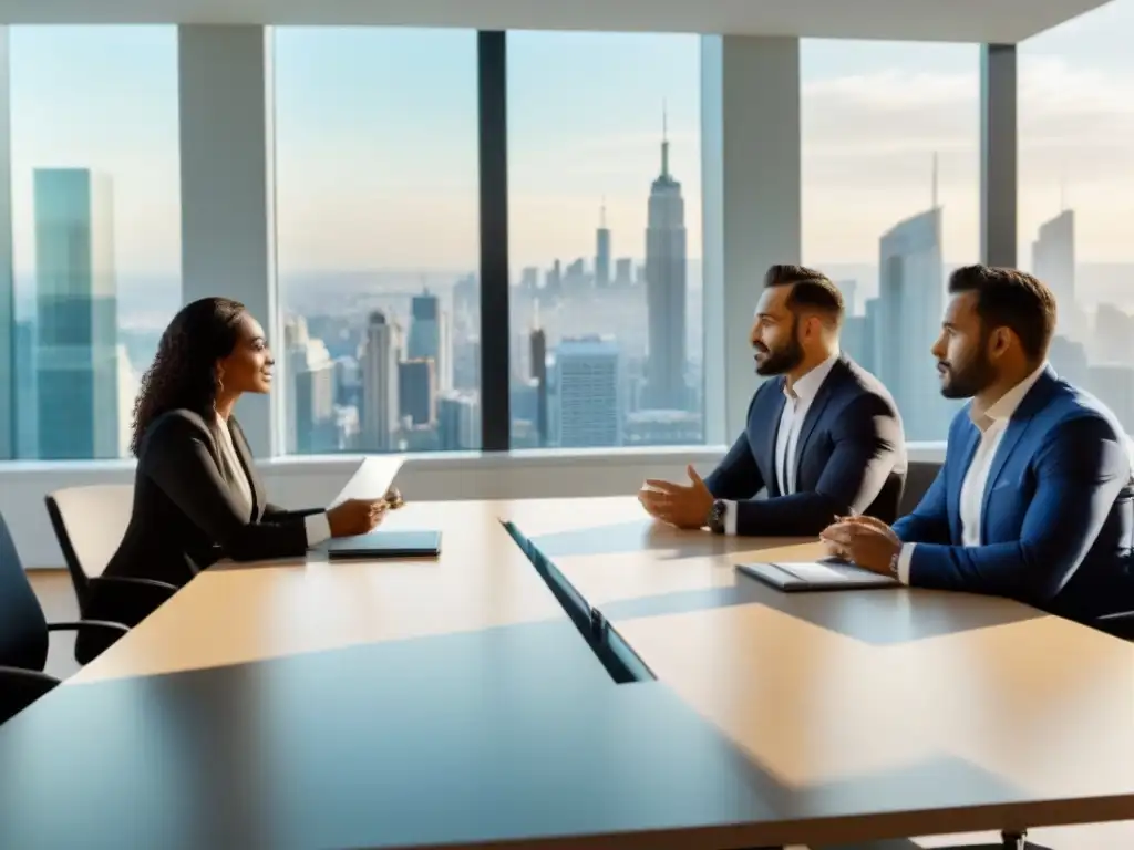 Profesionales inmobiliarios en reunión de negocios en Ciudad Brillante Grupo diverso de profesionales inmobiliarios en una reunión colaborativa con vista a la ciudad
