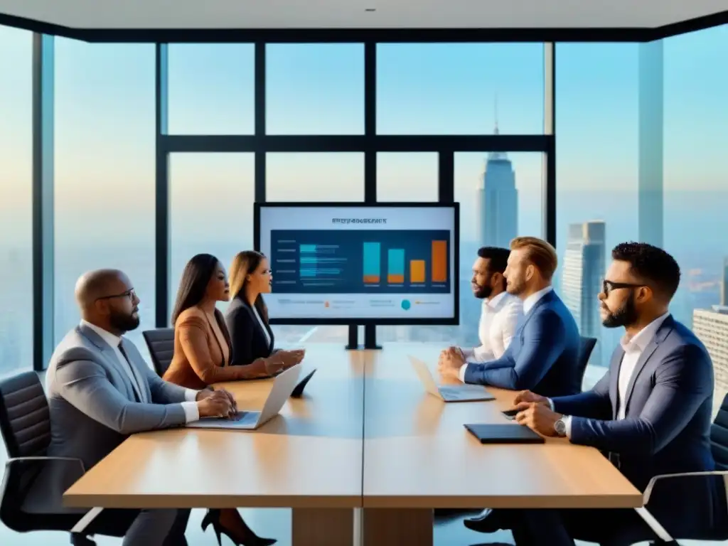 Profesionales inmobiliarios en reunión estratégica Grupo diverso de profesionales inmobiliarios en reunión colaborativa, discutiendo estrategias en moderna sala de juntas con vista a la ciudad
