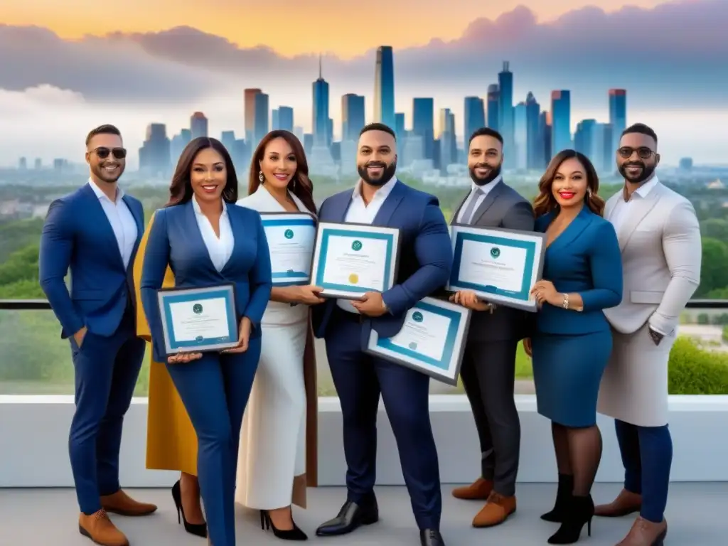 Diversidad de profesionales inmobiliarios con certificaciones destacadas Un grupo diverso de profesionales inmobiliarios muestra con orgullo sus certificaciones, destacando la inclusividad en el sector