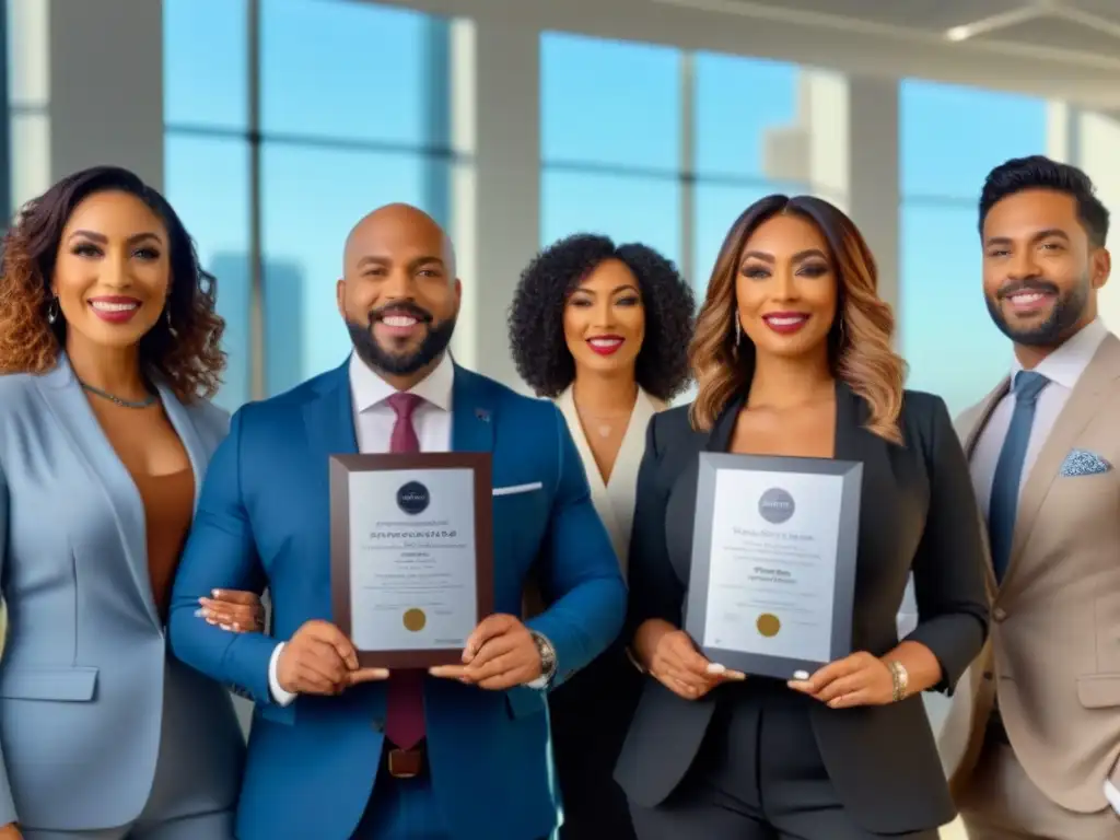 Profesionales inmobiliarios certificados en oficina moderna Un grupo diverso de profesionales inmobiliarios muestra sus certificaciones en una oficina moderna, reflejando determinación y confianza