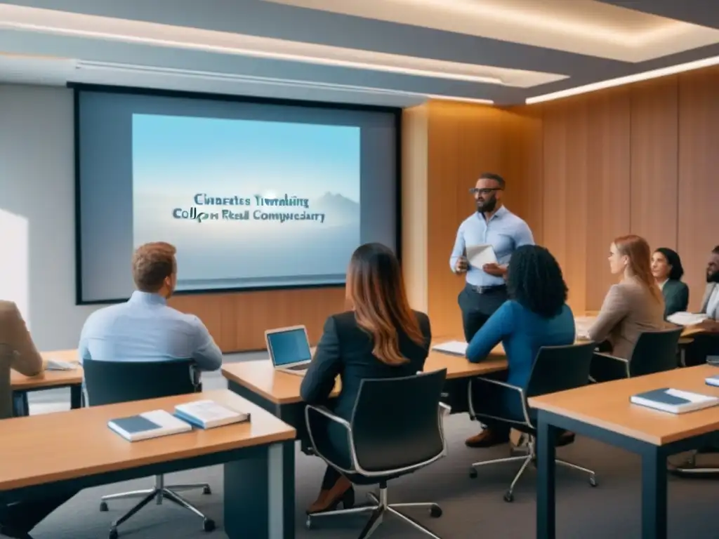 Colegio moderno para agentes inmobiliarios: formación dinámica y diversa Grupo diverso de profesionales inmobiliarios en auge, participando en una dinámica clase de certificaciones bienes raíces