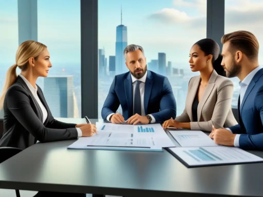 Profesionales inmobiliarios expertos en gestión crediticia Un grupo diverso de profesionales inmobiliarios revisa documentos en una oficina moderna