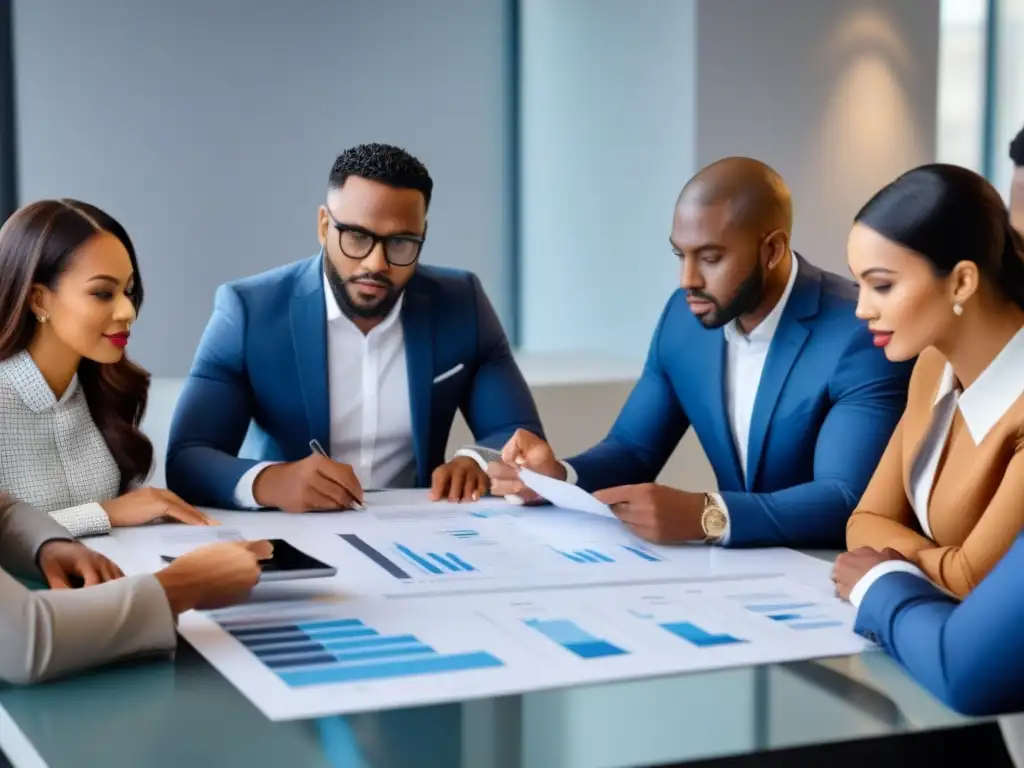 Profesionales inmobiliarios diversos en reunión colaborativa Un grupo diverso de profesionales inmobiliarios colaborando en una oficina moderna, reflejando inclusividad y diversidad