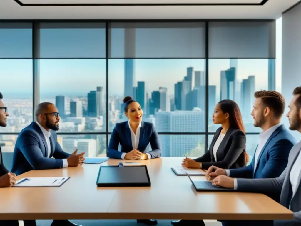 Negociación inmobiliaria 8k: expertos en acción Grupo diverso de profesionales inmobiliarios negociando estrategias de flipping en moderna sala de juntas