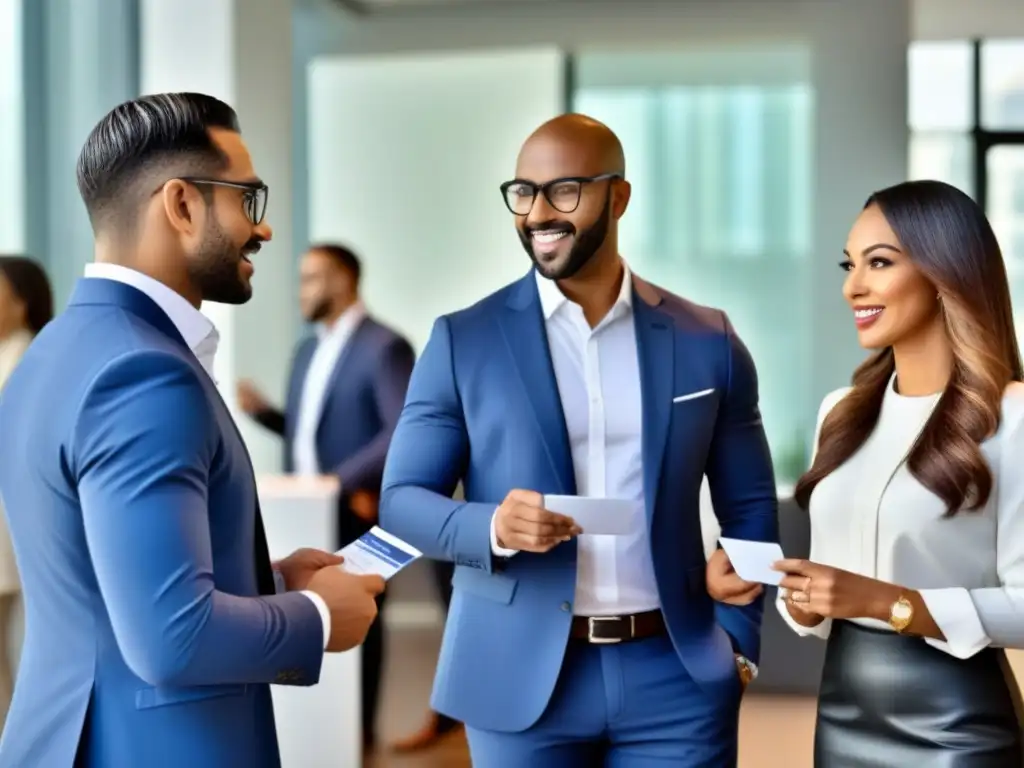 Un grupo diverso de profesionales inmobiliarios colaborando en una red de contactos valiosa en una oficina moderna y elegante