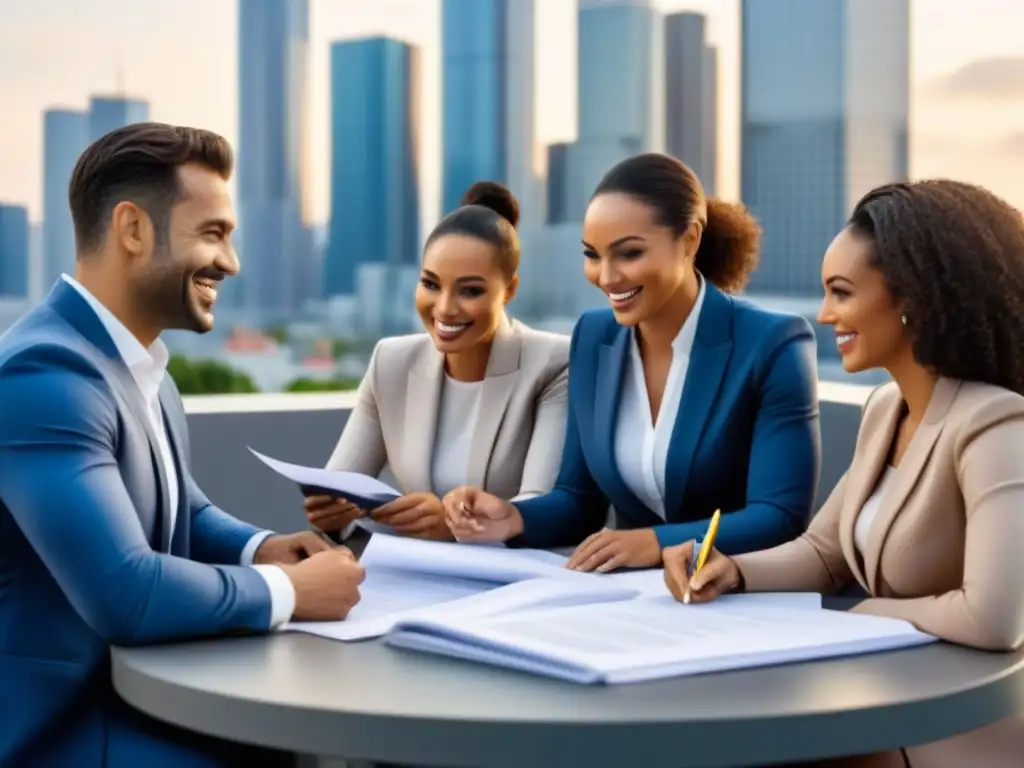 Profesionales inmobiliarios colaborando: éxito en el sector Un grupo diverso de profesionales inmobiliarios sonrientes discuten documentos y planos alrededor de una mesa, con el horizonte de la ciudad al fondo, simbolizando crecimiento y éxito en el sector inmobiliario