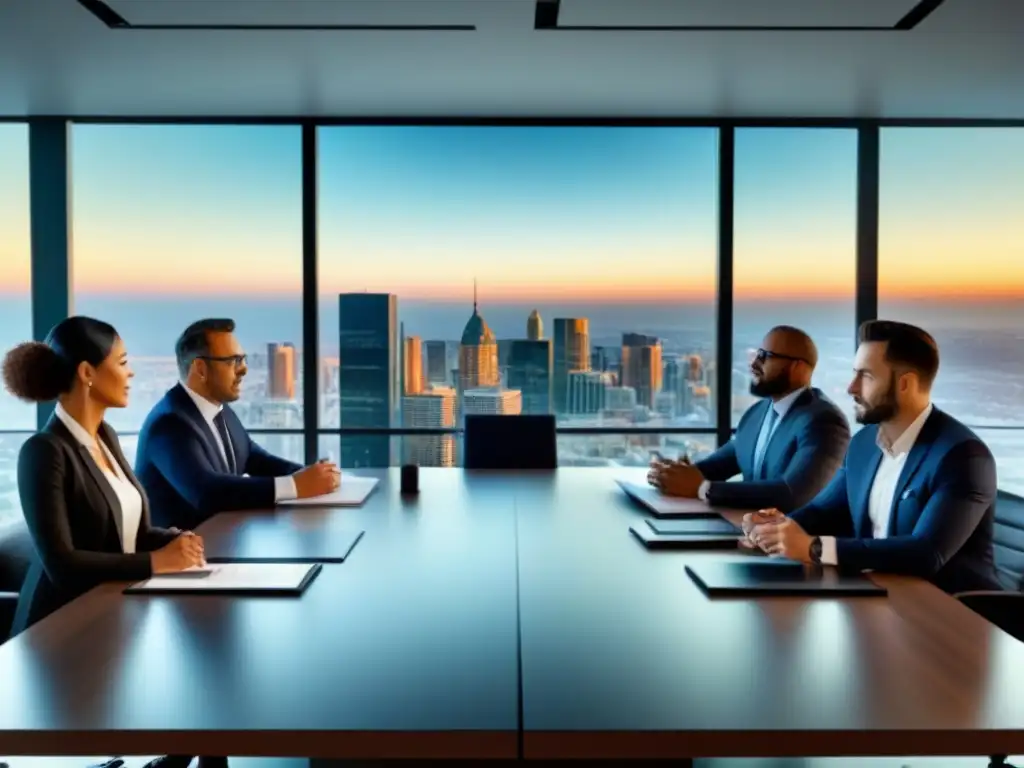 Profesionales inmobiliarios innovadores en reunión de valoración Un grupo diverso de profesionales inmobiliarios discute informes de valuación en una oficina moderna