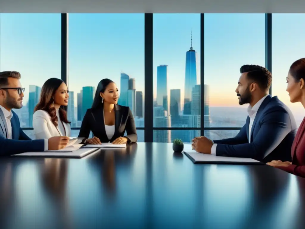 Profesionales inmobiliarios exitosos en reunión de lujo Grupo diverso de profesionales inmobiliarios en una sala de juntas elegante con vista a la ciudad
