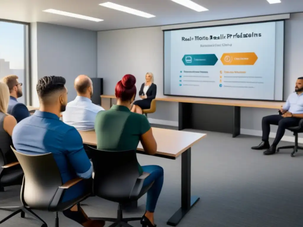 Profesionales inmersos en aprendizaje inmobiliario de vanguardia Un grupo diverso de profesionales inmobiliarios asiste a un taller de certificaciones en un aula moderna y elegante