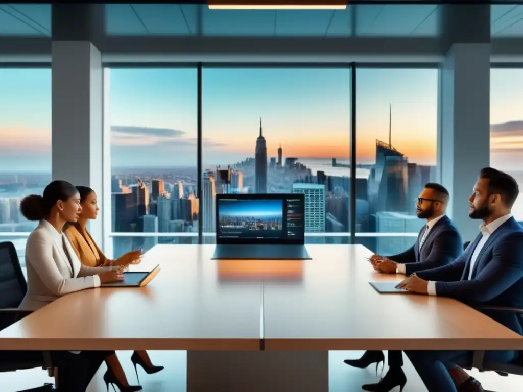 Reunión de profesionales internacionales en oficina de alto nivel Grupo diverso de profesionales en intensa discusión sobre oportunidades inversión inmobiliaria extranjero, en moderna oficina con vista a la ciudad