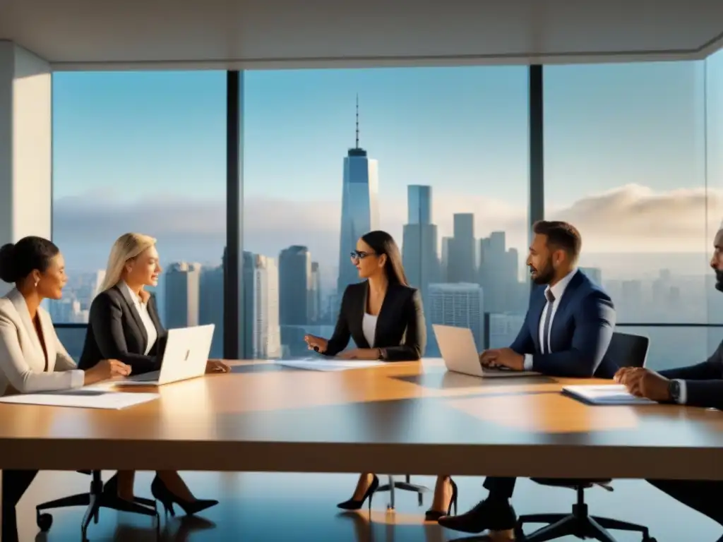 Profesionales exitosos debatiendo estrategias inmobiliarias Un grupo diverso de profesionales de inversión inmobiliaria normativa local colaborando en una oficina moderna