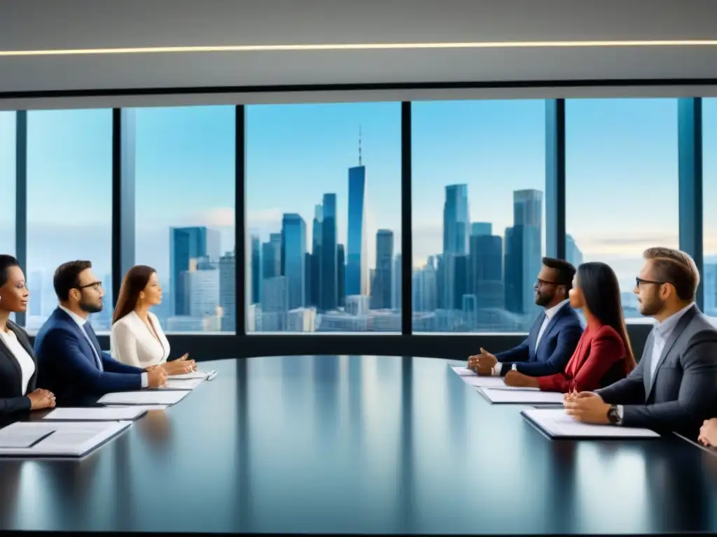 Conferencia de inversiones REIT: expertos en acción Un grupo diverso de profesionales discute sobre Inversión pasiva en REITs comerciales en una sala moderna con vista a la ciudad