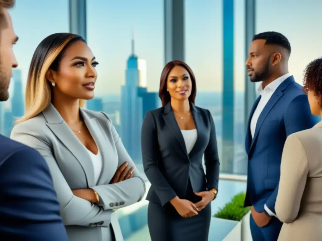 Profesionales debaten inversiones inmobiliarias en oficina moderna Un grupo diverso de profesionales discute sobre inversiones inmobiliarias en una oficina moderna con tecnología de vanguardia y vista a la ciudad
