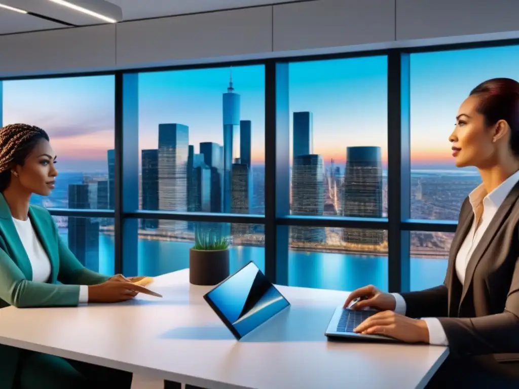 Profesionales Diversos en Oficina Hightech discuten Inversiones REIT Un grupo diverso de profesionales discute sobre inversiones en REITs comerciales en una oficina moderna y tecnológica