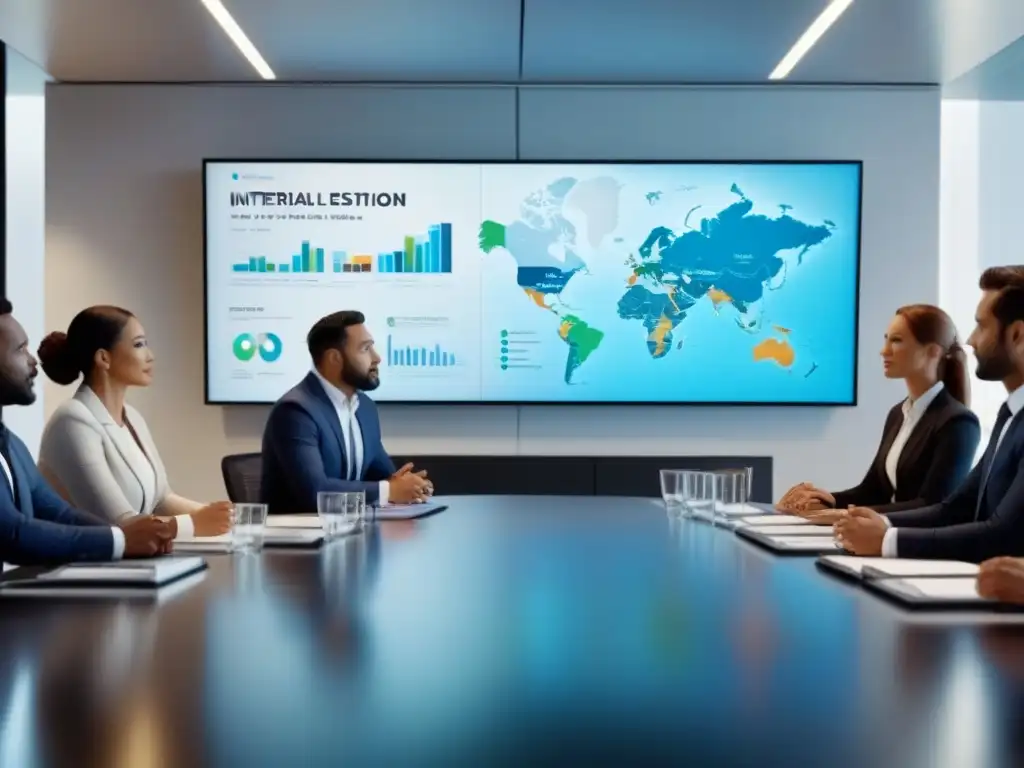 Profesionales en reunión: Inversiones inmobiliarias internacionales Un grupo diverso de profesionales discute inversiones inmobiliarias internacionales en una oficina moderna