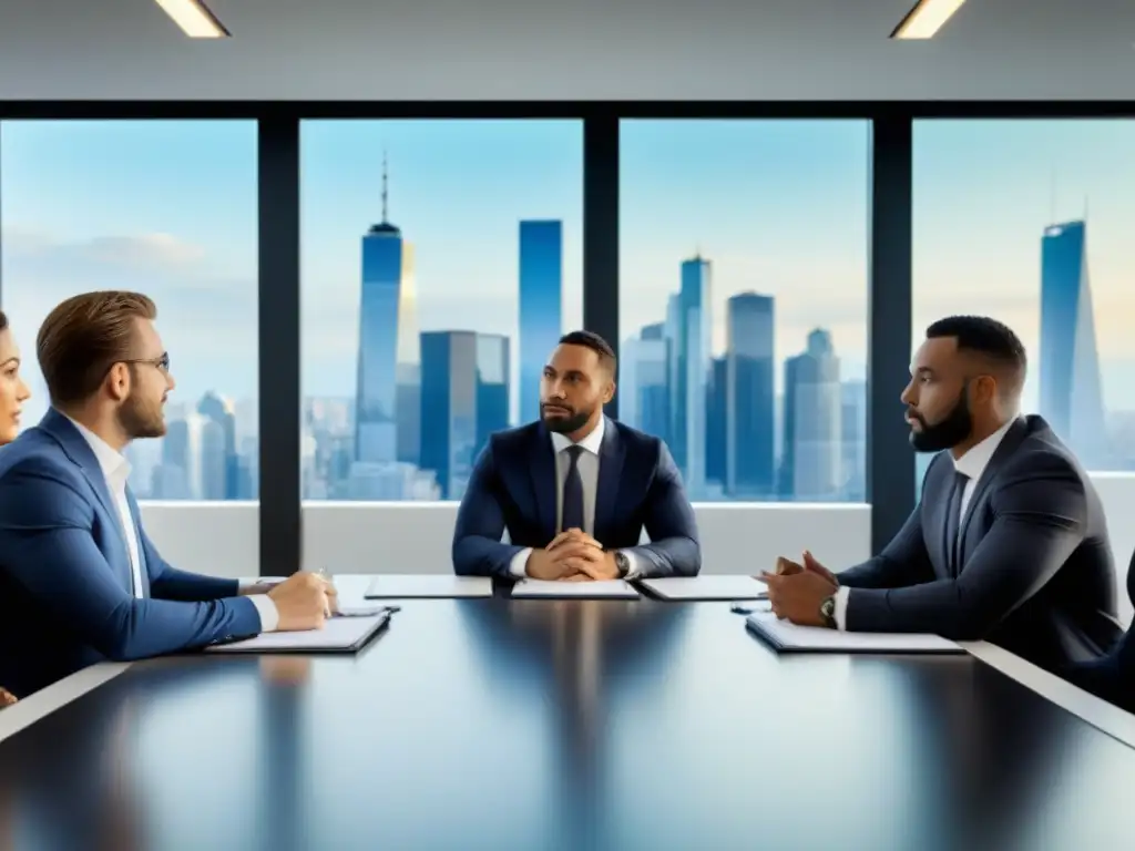 Un grupo diverso de profesionales discute sobre inversiones hipotecarias en una sala moderna con vista a la ciudad