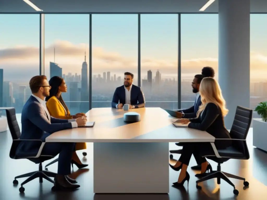 Reunión de expertos: diversidad y colaboración en oficina moderna Un grupo diverso de profesionales colaborando en una moderna oficina, discutiendo sobre prácticas de préstamos desarrollo comercial