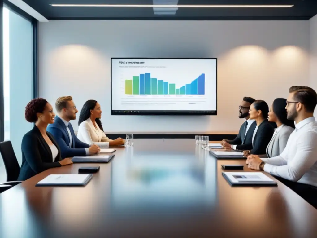 Reunión estratégica: profesionales diversificados en acción Un grupo diverso de profesionales discute estratégicamente en una moderna oficina, con gráficos en pantalla