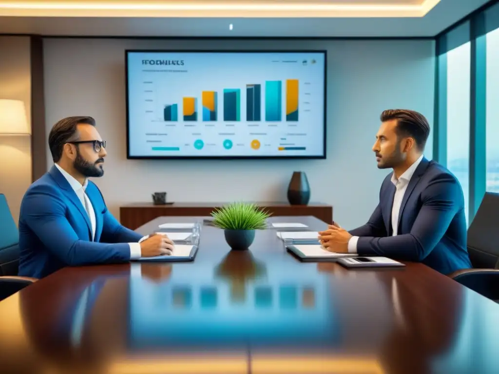 Profesionales de inversión inmobiliaria: colaboración y expertise en 8k Un grupo diverso de profesionales en una moderna oficina discuten sobre inversiones inmobiliarias extranjeras